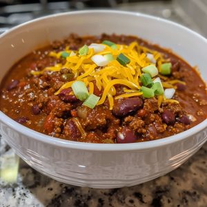 Hearty bowl of chili topped with cheese and fresh herbs.