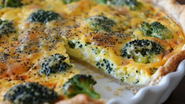 Golden baked broccoli quiche with a flaky crust, filled with eggs, cheese, and tender broccoli florets.