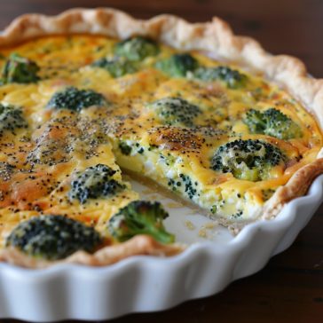 Golden baked broccoli quiche with a flaky crust, filled with eggs, cheese, and tender broccoli florets.