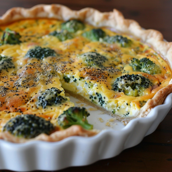 Golden baked broccoli quiche with a flaky crust, filled with eggs, cheese, and tender broccoli florets.