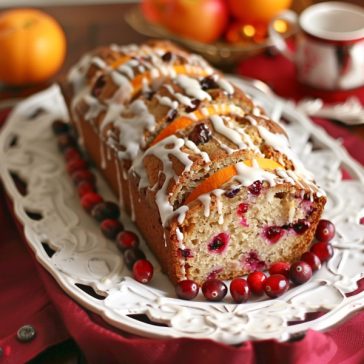 Moist cranberry bread topped with sweet orange glaze, sliced and garnished with fresh cranberries and orange zest.