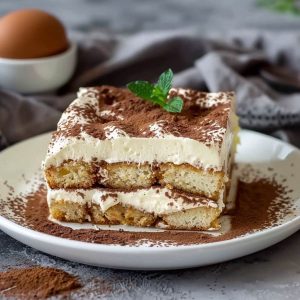 A glass dish of classic Italian tiramisu with layers of espresso-soaked ladyfingers, mascarpone cream, and cocoa powder dusting, garnished with chocolate shavings.