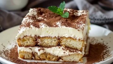 A glass dish of classic Italian tiramisu with layers of espresso-soaked ladyfingers, mascarpone cream, and cocoa powder dusting, garnished with chocolate shavings.