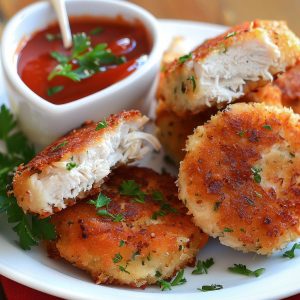 Golden, crispy chicken patties stacked on a plate, served with dipping sauce and garnished with fresh herbs.