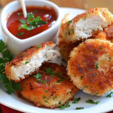 Golden, crispy chicken patties stacked on a plate, served with dipping sauce and garnished with fresh herbs.