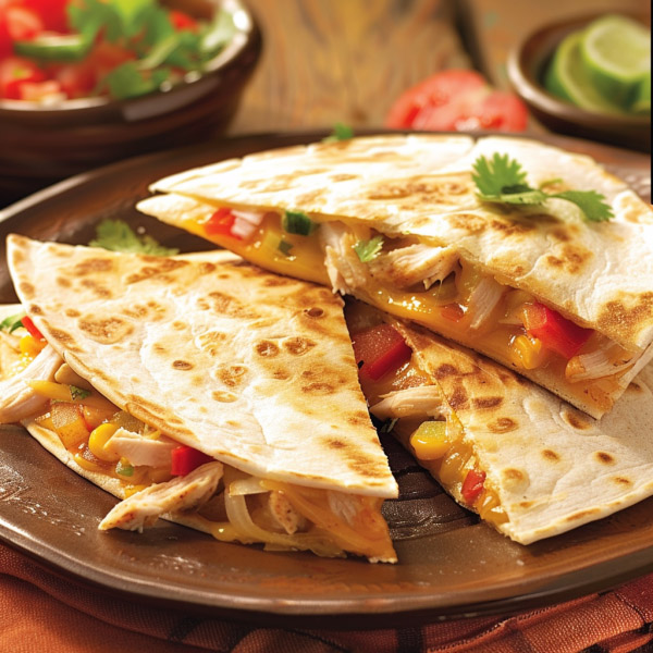Crispy chicken quesadillas filled with seasoned chicken and melted cheese.