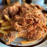 Crispy chicken fried chicken topped with creamy gravy, golden and juicy.
