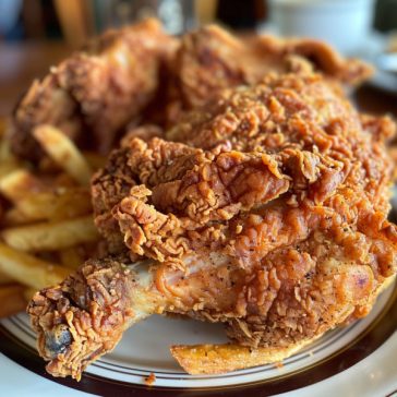 Crispy chicken fried chicken topped with creamy gravy, golden and juicy.