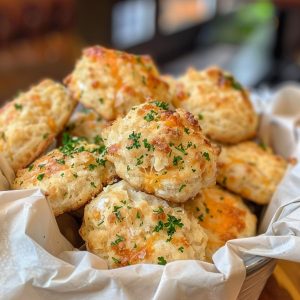 Fluffy cheddar biscuits brushed with garlic butter, golden and cheesy.