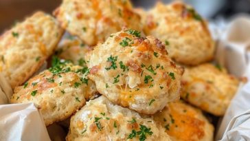 Fluffy cheddar biscuits brushed with garlic butter, golden and cheesy.