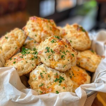 Fluffy cheddar biscuits brushed with garlic butter, golden and cheesy.