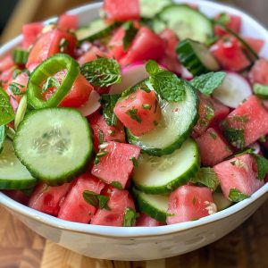 Fresh watermelon and cucumber salad with a light, zesty dressing.