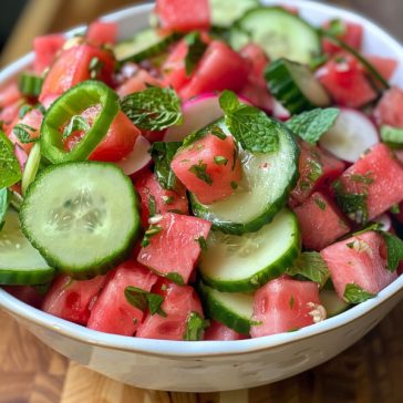 Fresh watermelon and cucumber salad with a light, zesty dressing.