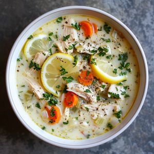 Bowl of lemony Greek chicken soup with rice, tender chicken, and fresh herbs.