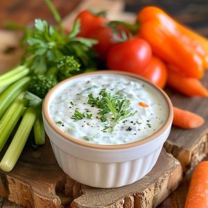 Creamy homemade ranch dressing in a glass jar with fresh herbs, garlic, and vegetables for dipping.