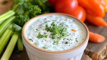 Creamy homemade ranch dressing in a glass jar with fresh herbs, garlic, and vegetables for dipping.