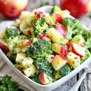 A colorful bowl of broccoli apple salad with fresh broccoli florets, crisp apple slices, dried cranberries, sunflower seeds, and a creamy dressing.