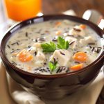 Creamy chicken and wild rice soup with tender chicken and hearty grains.