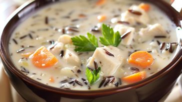 Creamy chicken and wild rice soup with tender chicken and hearty grains.