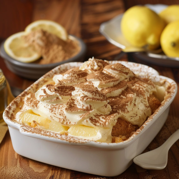 Layered lemon tiramisu with creamy mascarpone filling, lemon-soaked ladyfingers, and a light dusting on top.