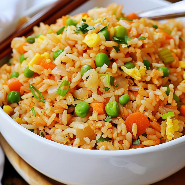 Easy fried rice with vegetables, eggs, and soy sauce, stir-fried in a pan until flavorful.