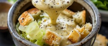 Creamy homemade Caesar salad dressing with garlic, parmesan cheese, and anchovy blended until smooth.