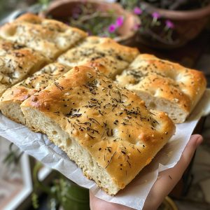 Golden focaccia bread with a soft interior, topped with herbs and olive oil.