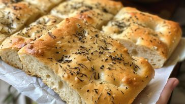Golden focaccia bread with a soft interior, topped with herbs and olive oil.
