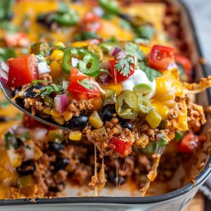Cheesy taco casserole with layers of seasoned beef, tortillas, and melted cheese.