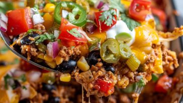 Cheesy taco casserole with layers of seasoned beef, tortillas, and melted cheese.