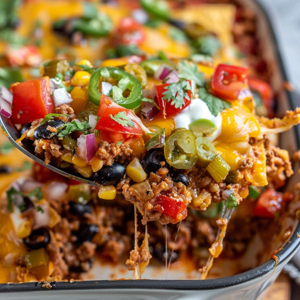 Cheesy taco casserole with layers of seasoned beef, tortillas, and melted cheese.