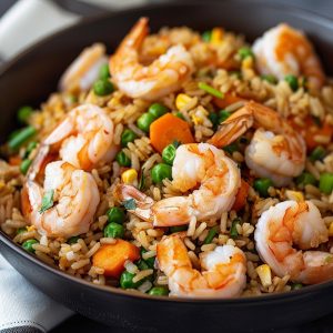 Shrimp fried rice with vegetables and eggs, savory and fluffy.