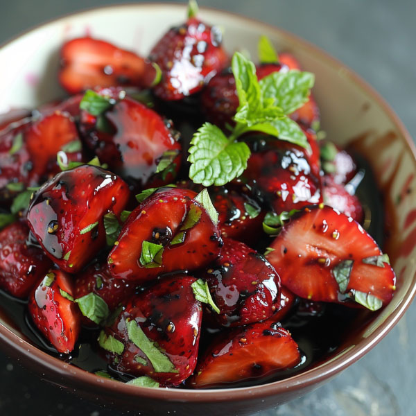 Fresh strawberries drizzled with aged balsamic vinegar and garnished with mint leaves, served in a white bowl.