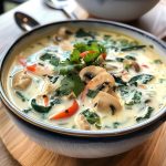 Creamy Thai coconut soup with herbs, tender chicken, and rich coconut milk broth.