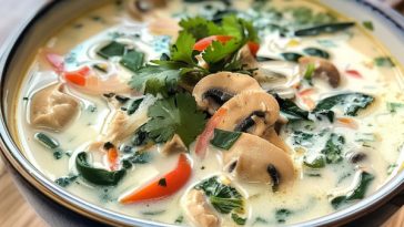 Creamy Thai coconut soup with herbs, tender chicken, and rich coconut milk broth.