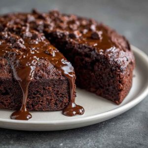 A slice of moist chocolate cake with glossy chocolate frosting, served on a white plate with a fork and a dusting of cocoa powder.
