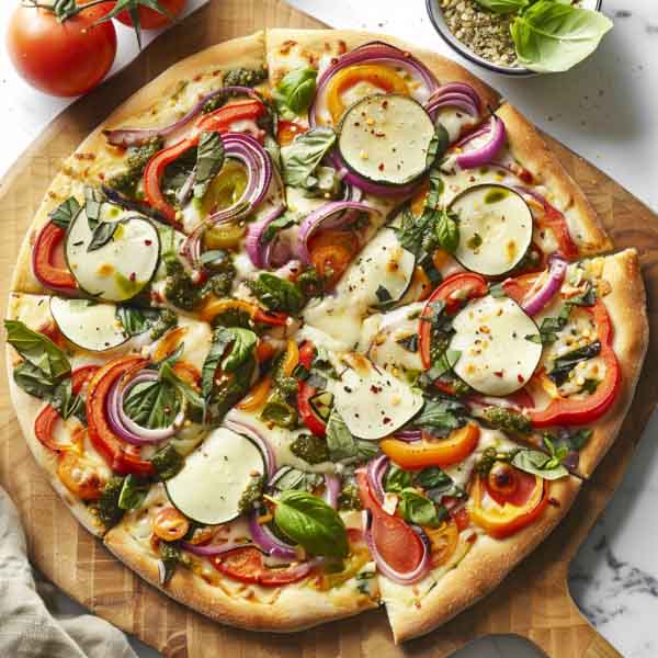 Freshly baked veggie pizza topped with colorful bell peppers, mushrooms, onions, and melted cheese.