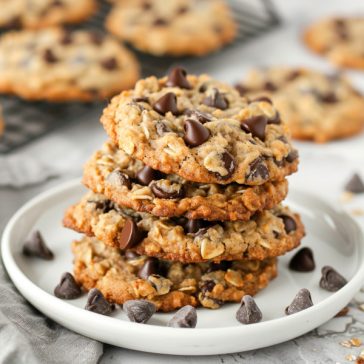 Chewy oatmeal cookies loaded with chocolate chips, golden on the edges and soft in the center.