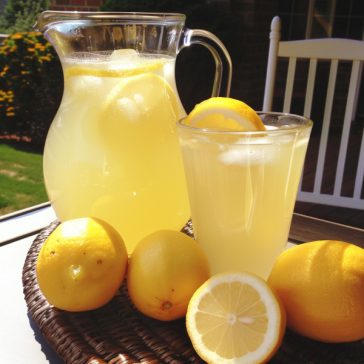 Fresh homemade lemonade served over ice with lemon slices in a glass.