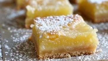 Lemon square bars with a buttery crust, tangy lemon filling, and a dusting of powdered sugar.