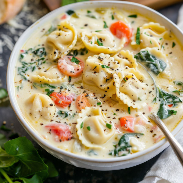 A warm bowl of creamy tortellini soup filled with cheese tortellini, fresh spinach, carrots, and a rich broth, garnished with parsley.