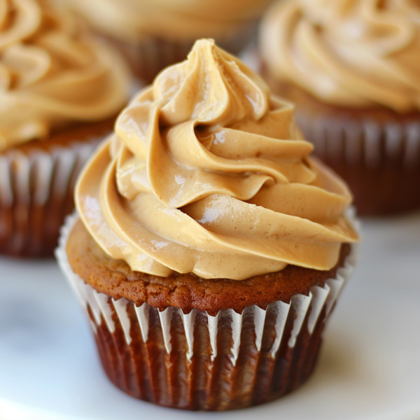 Light and fluffy peanut butter frosting swirled smoothly on a cake or cupcake.
