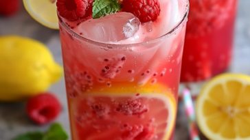Refreshing raspberry lemonade with fresh raspberries, lemon slices, and ice in a glass.