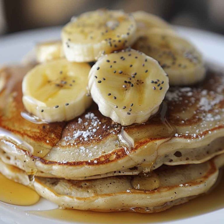 A stack of golden banana pancakes topped with sliced bananas, maple syrup, and a sprinkle of cinnamon, served on a rustic breakfast plate.