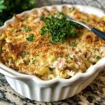 Creamy tuna casserole baked with egg noodles, peas, and a golden breadcrumb topping, served in a rustic baking dish.
