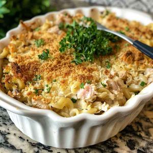 Creamy tuna casserole baked with egg noodles, peas, and a golden breadcrumb topping, served in a rustic baking dish.