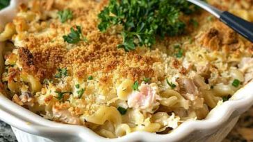 Creamy tuna casserole baked with egg noodles, peas, and a golden breadcrumb topping, served in a rustic baking dish.