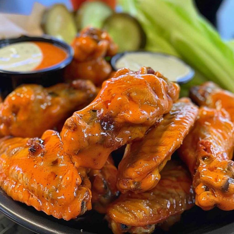 Crispy buffalo chicken wings coated in spicy sauce, served with celery sticks and a side of creamy ranch dressing.