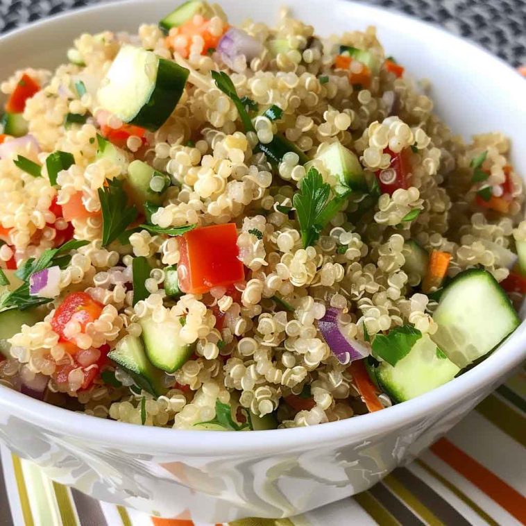 A colorful bowl of easy quinoa salad filled with fluffy quinoa, cherry tomatoes, cucumbers, red onion, parsley, and feta cheese, drizzled with lemon vinaigrette.