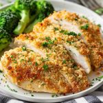 Golden baked parmesan-crusted chicken breasts on a serving platter, garnished with fresh parsley and lemon wedges, with a crispy breadcrumb coating.